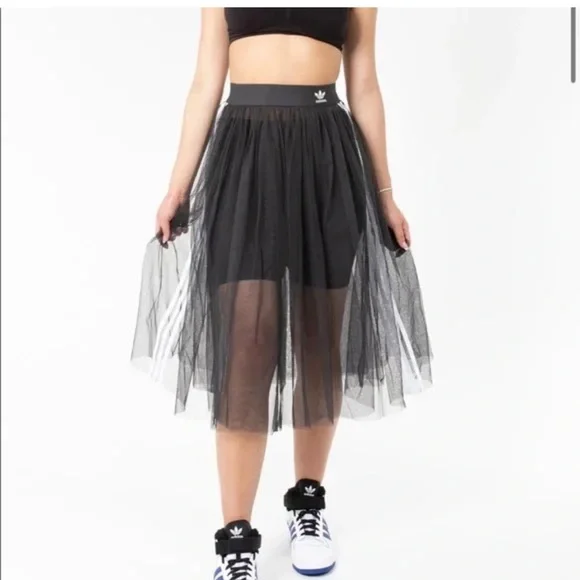 Adidas Black Tulled Midi Skirt with White 3 Stripe - Picture 3 of 9
